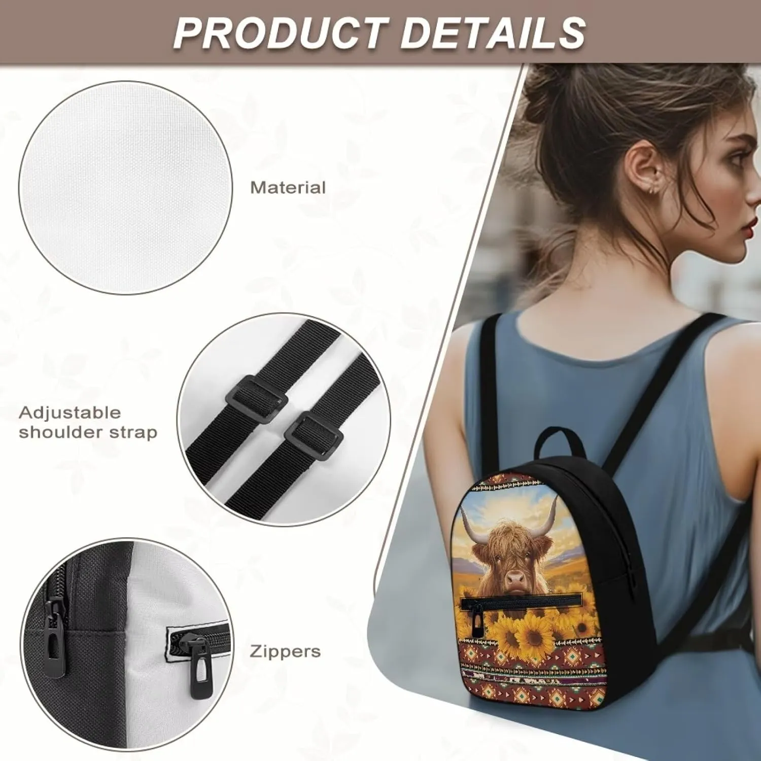 HUGS IDEA Aztec Tibal Cattle Backpack for Women Travel Sunflowers Mini Cell Phone Backpack for Teen Girls Lightweight Backpack Purse Casual Mini Backpacks for Girls Travel Bag