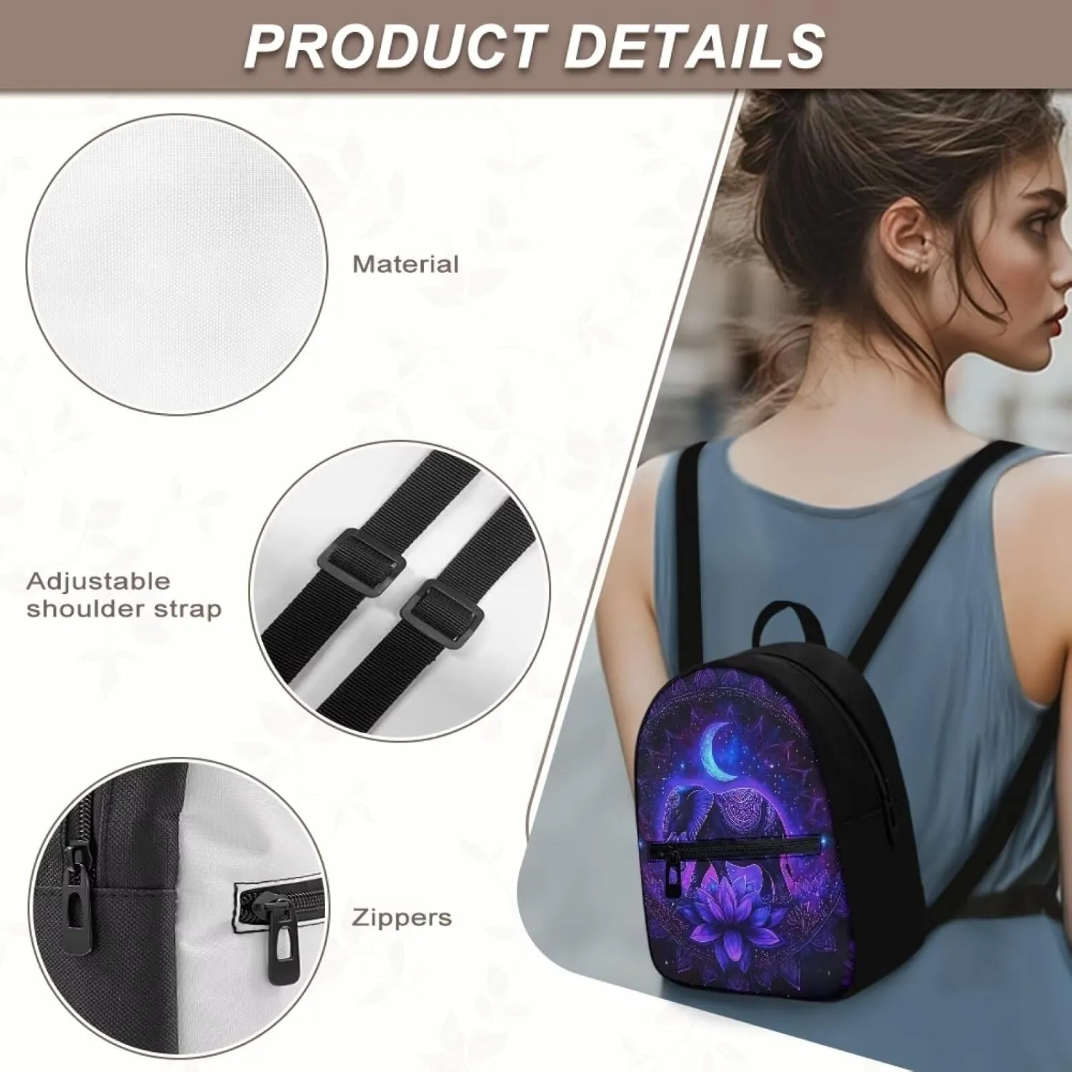 HUGS IDEA Bohemian Elephant Backpack for Women Fashion Mini Backpack Purse for Lady Boho Small Cell Phone Backpacks for Travel Small Shoulder Bag Casual Daypack Handbag
