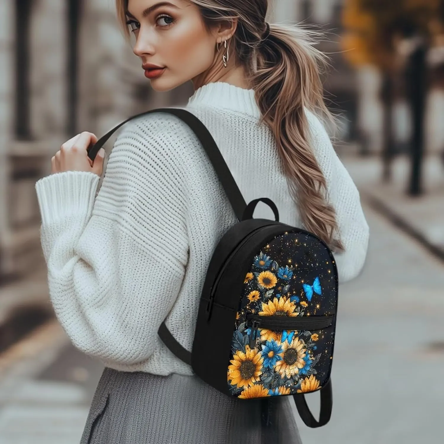 HUGS IDEA Sunflower Butterfly Mini Backpacks for Women Small Cell Phone Backpack for Travel Daypack Lightweight Shoulder Bag with Adjustable Strap Back Pack Handbag Accessories
