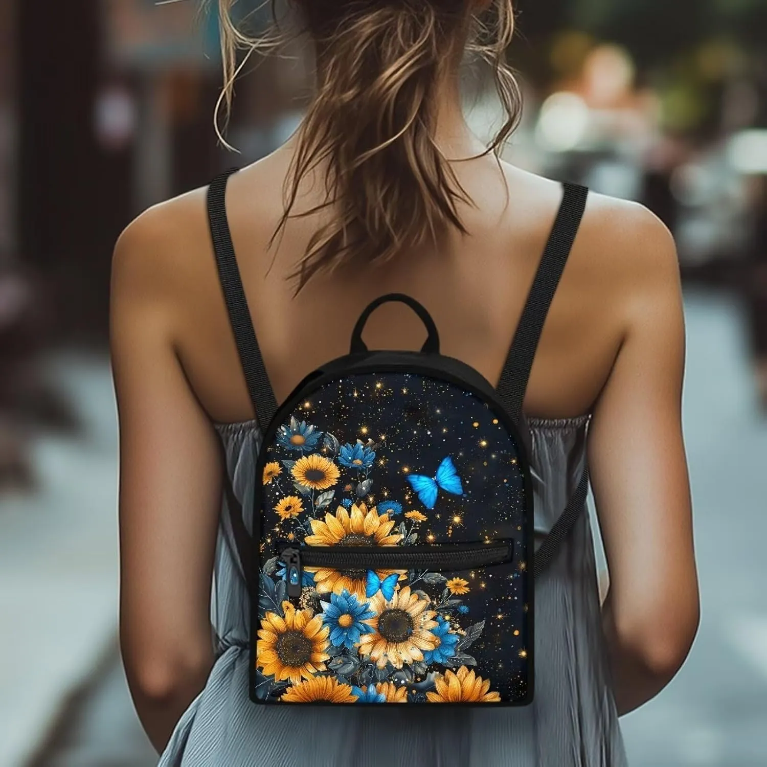 HUGS IDEA Sunflower Butterfly Mini Backpacks for Women Small Cell Phone Backpack for Travel Daypack Lightweight Shoulder Bag with Adjustable Strap Back Pack Handbag Accessories
