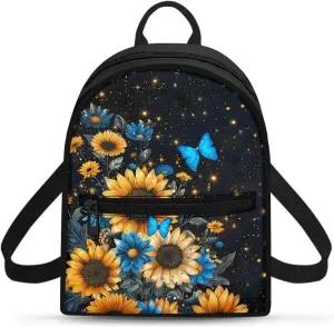 HUGS IDEA Sunflower Butterfly Mini Backpacks for Women Small Cell Phone Backpack for Travel Daypack Lightweight Shoulder Bag with Adjustable Strap Back Pack Handbag Accessories
