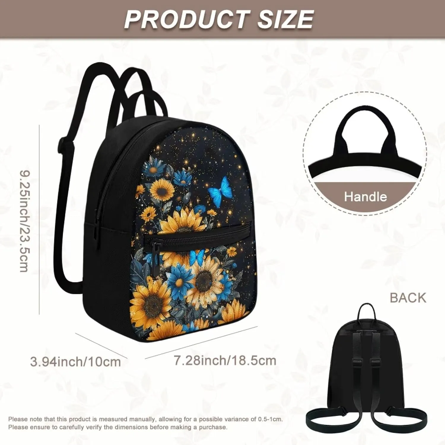 HUGS IDEA Sunflower Butterfly Mini Backpacks for Women Small Cell Phone Backpack for Travel Daypack Lightweight Shoulder Bag with Adjustable Strap Back Pack Handbag Accessories