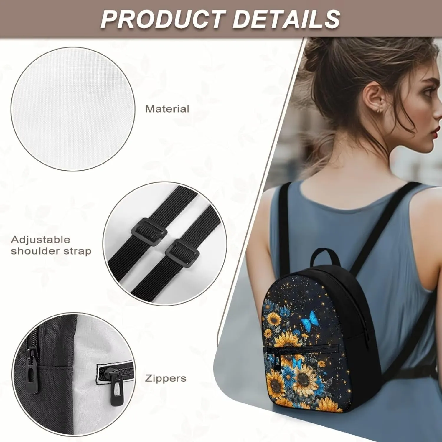 HUGS IDEA Sunflower Butterfly Mini Backpacks for Women Small Cell Phone Backpack for Travel Daypack Lightweight Shoulder Bag with Adjustable Strap Back Pack Handbag Accessories