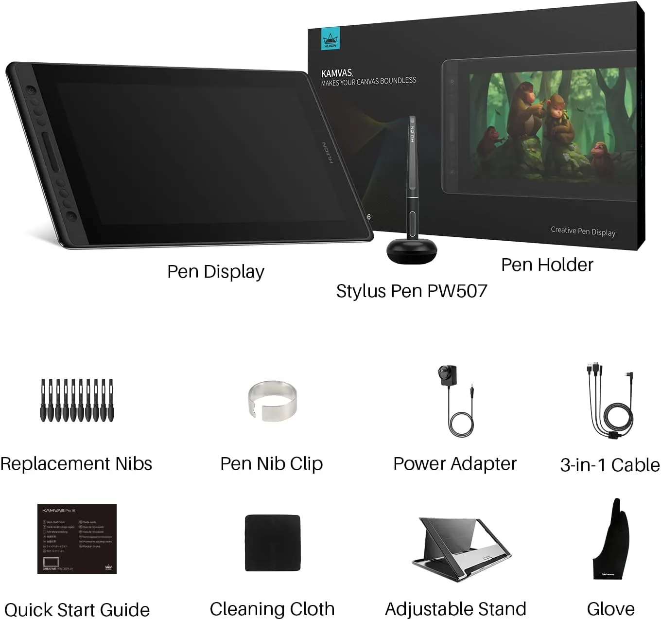 HUION KAMVAS Pro 16 Drawing Tablet with Screen, 15.6 inch Pen Display Anti-Glare Glass 6 Shortcut Keys Adjustable Stand, Graphics Tablet for Drawing, Writing, Design, Work with Windows, Mac and Linux