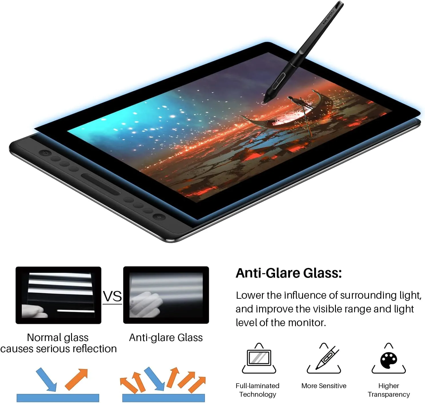 HUION KAMVAS Pro 16 Drawing Tablet with Screen, 15.6 inch Pen Display Anti-Glare Glass 6 Shortcut Keys Adjustable Stand, Graphics Tablet for Drawing, Writing, Design, Work with Windows, Mac and Linux