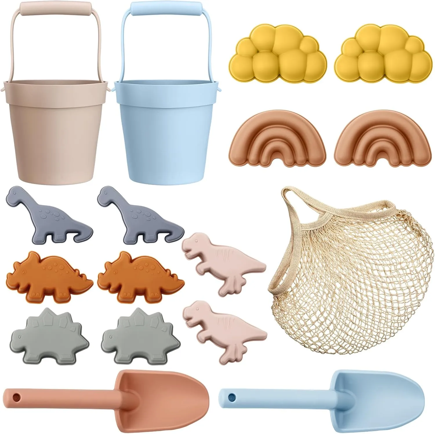 Hungdao 16 Pcs Silicone Beach Toys and 1 Mesh Beach Bag Set Collapsible Sand Toys Travel Sand Box Blue Red Bucket Shovel and 3D Marine Theme Molds for Summer Outdoor (Cute Style)