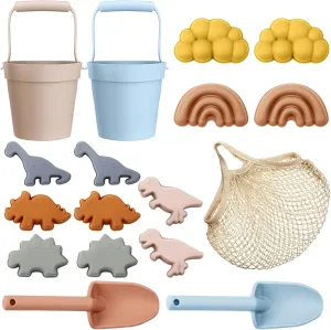 Hungdao 16 Pcs Silicone Beach Toys and 1 Mesh Beach Bag Set Collapsible Sand Toys Travel Sand Box Blue Red Bucket Shovel and 3D Marine Theme Molds for Summer Outdoor (Cute Style)