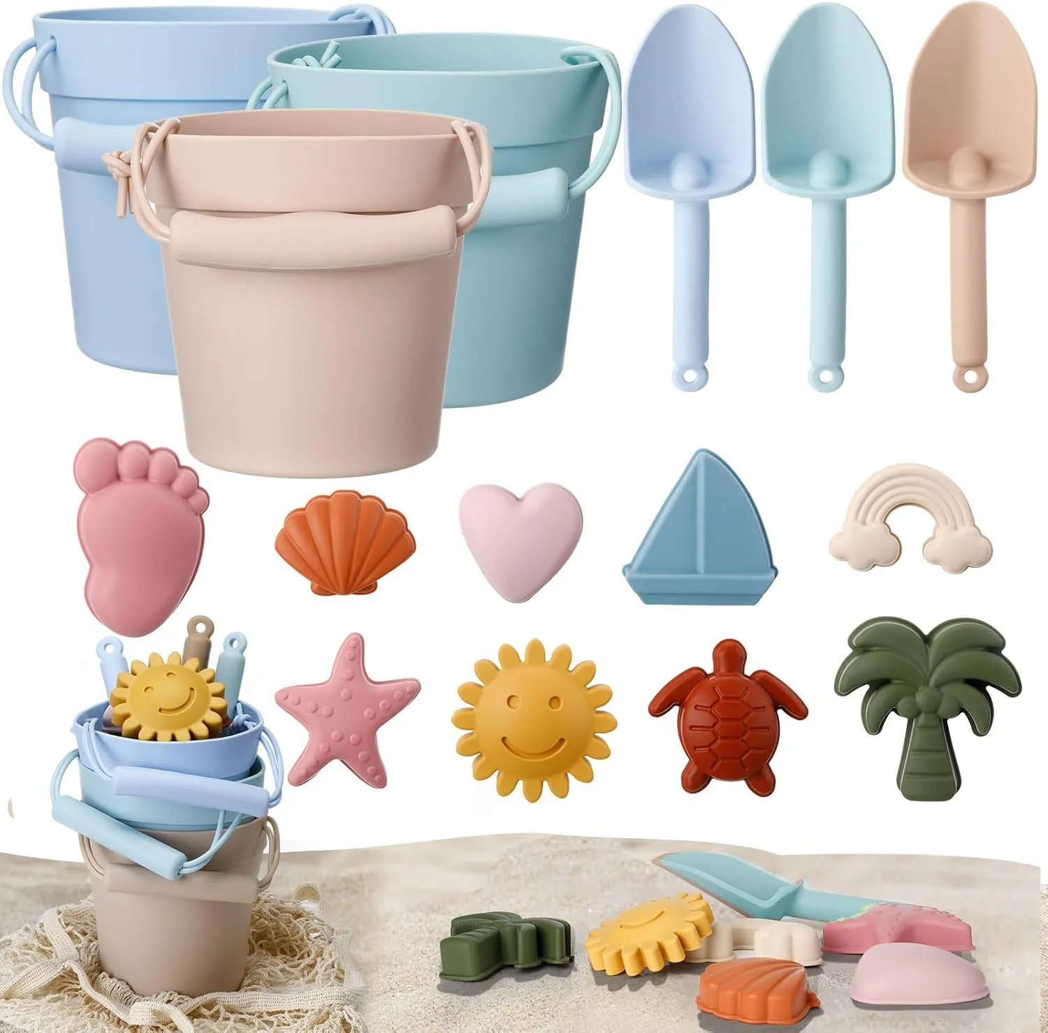 Hungdao 16 Pcs Silicone Beach Toys Travel Friendly Beach Set Colorful Toys Include 3 Silicone Bucket Pail, 3 Shovel, 9 Sand Molds, 1 Bag for Summer Pool Outdoor(Beige, Blue, Teal)