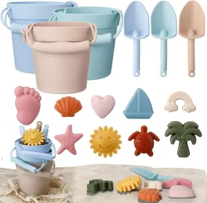Hungdao 16 Pcs Silicone Beach Toys Travel Friendly Beach Set Colorful Toys Include 3 Silicone Bucket Pail, 3 Shovel, 9 Sand Molds, 1 Bag for Summer Pool Outdoor(Beige, Blue, Teal)