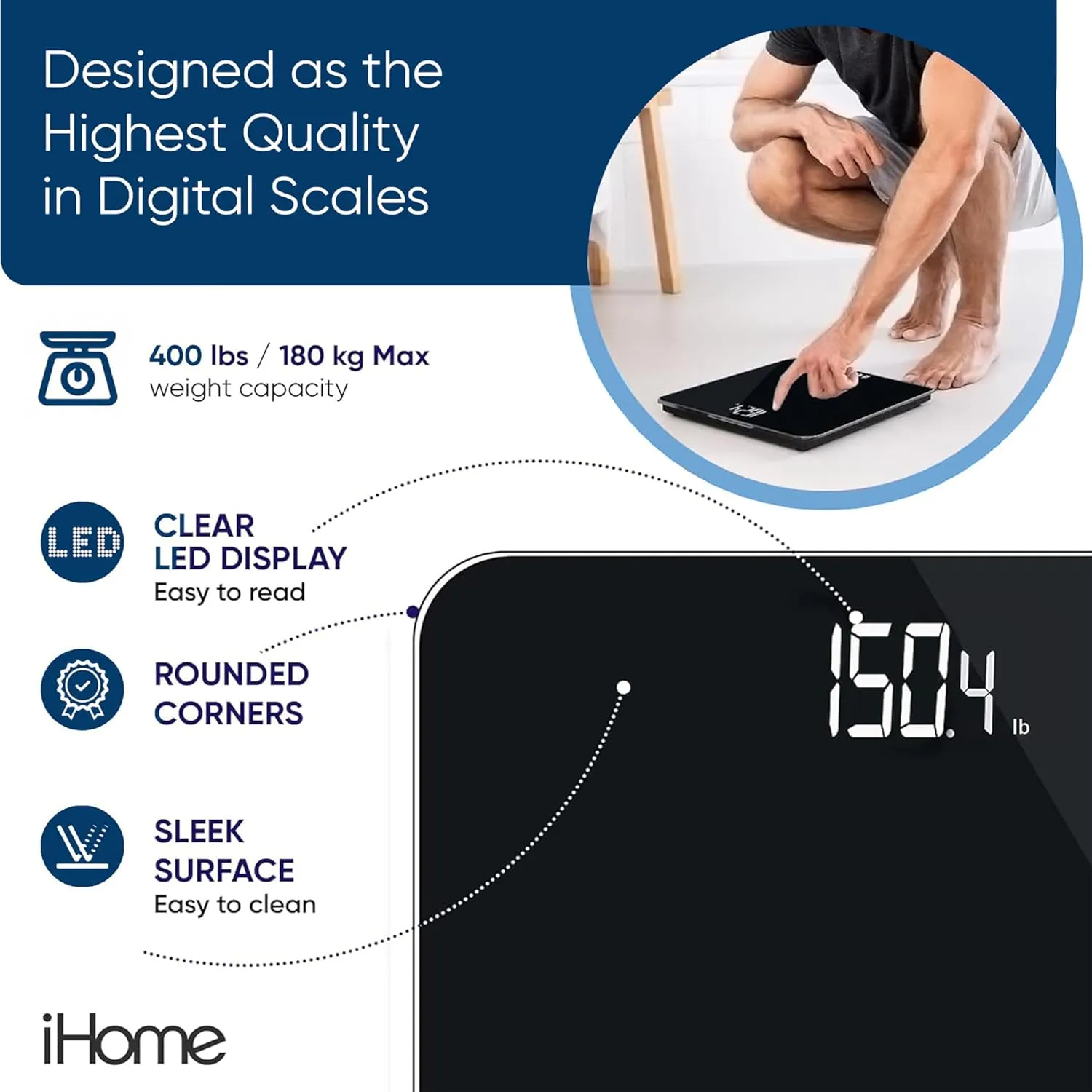 iHome Digital Scale, Bathroom Scale, Batteries Included, Scale Body Weight, Weight Scale, Digital Scale, Bathroom Scales for Weight, Digital Scales for Body Weight, Weight Scales Bathroom (Black)