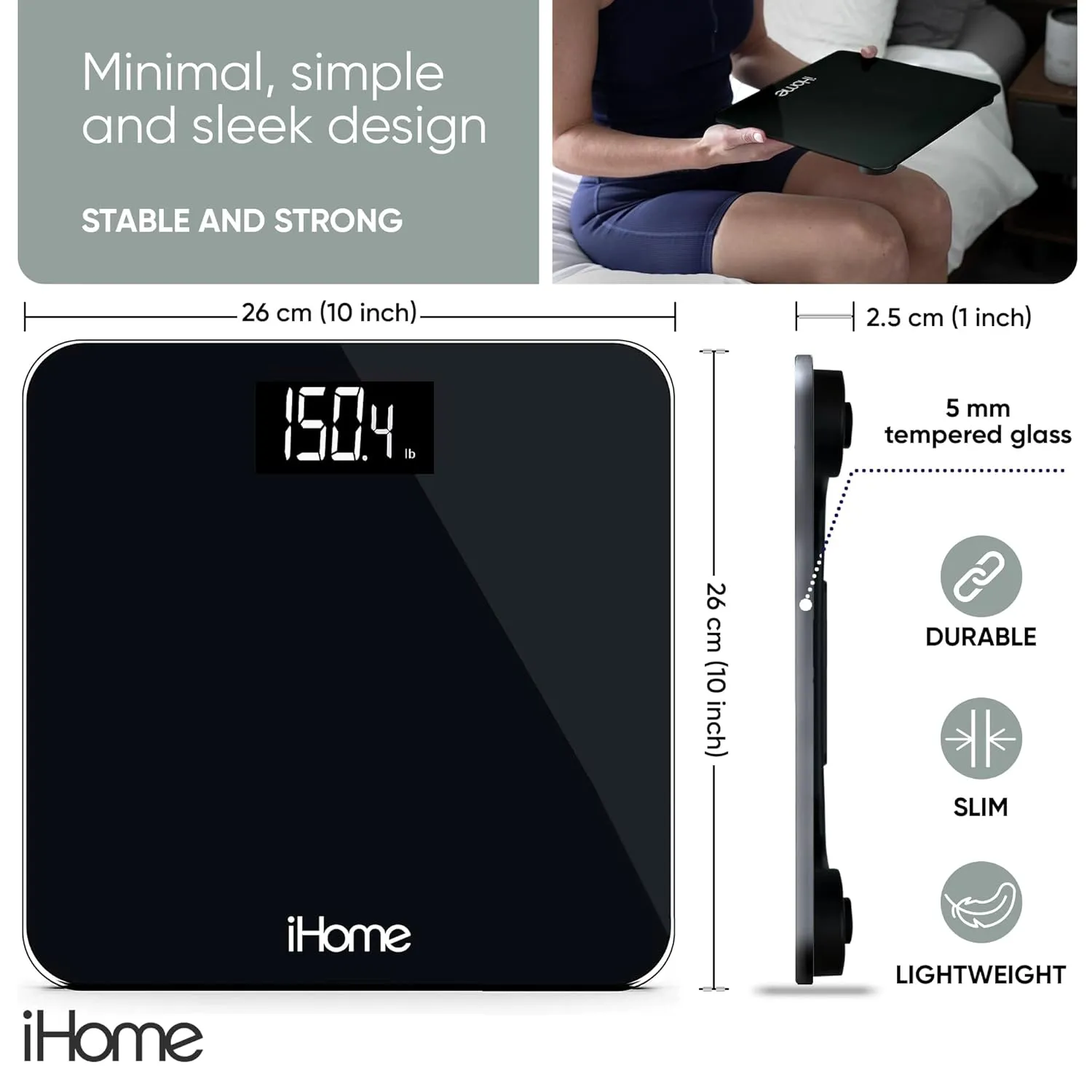 iHome Digital Step On Bathroom Scale - High Precision Body Weight Scale - Battery Powered with LCD Display - Great for Home Gym - 396 lb (Black)
