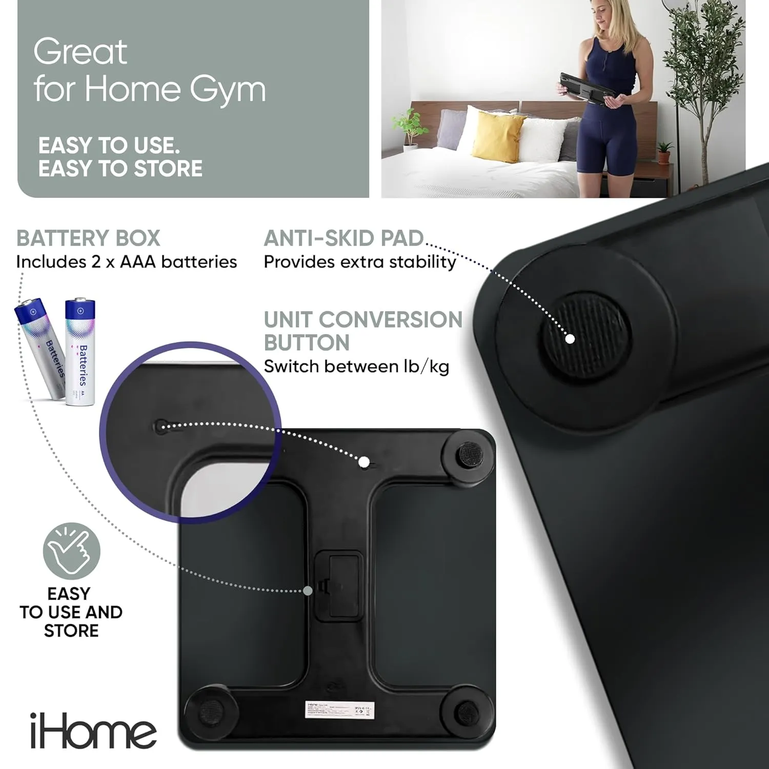 iHome Digital Step On Bathroom Scale - High Precision Body Weight Scale - Battery Powered with LCD Display - Great for Home Gym - 396 lb (Black)