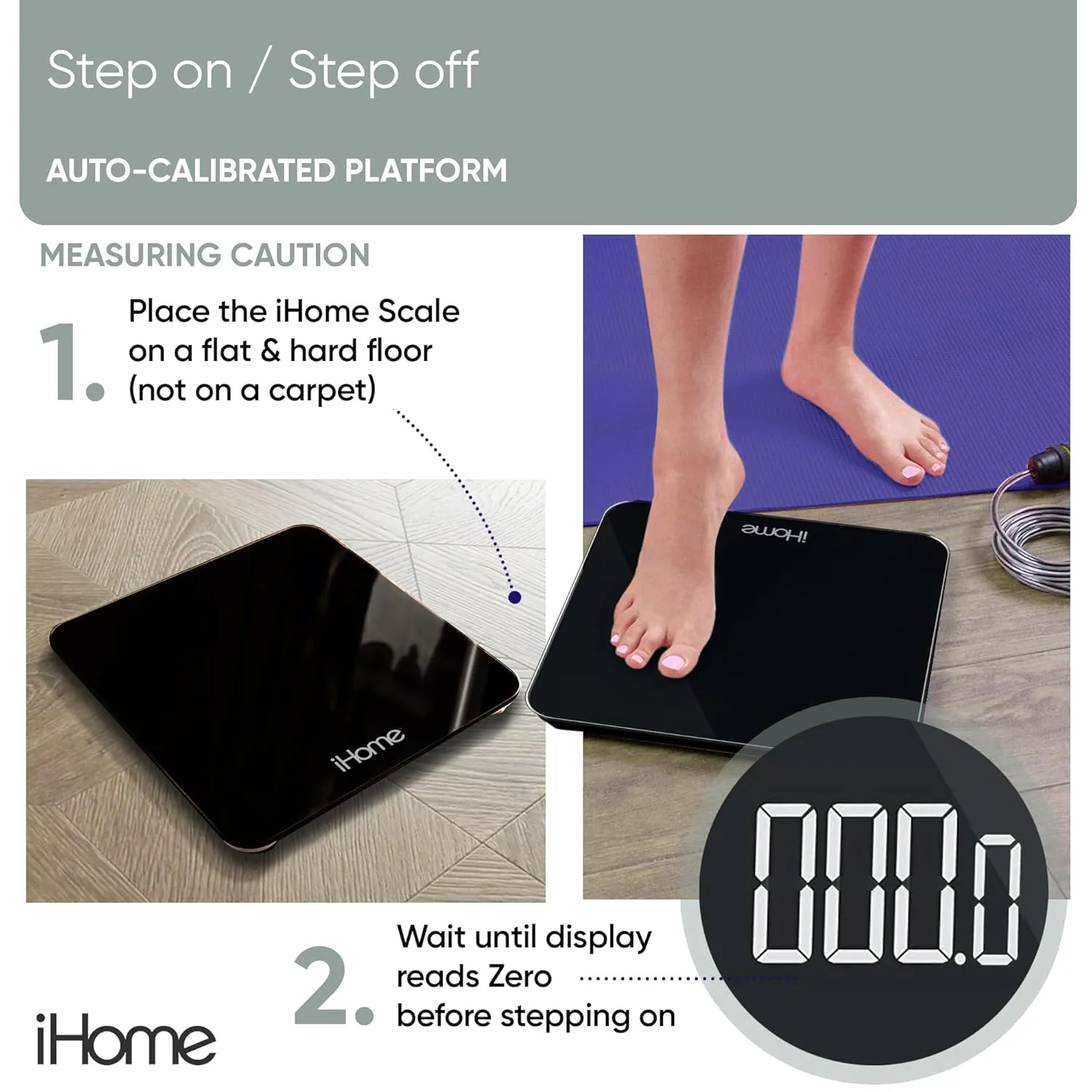 iHome Digital Step On Bathroom Scale - High Precision Body Weight Scale - Battery Powered with LCD Display - Great for Home Gym - 396 lb (Black)