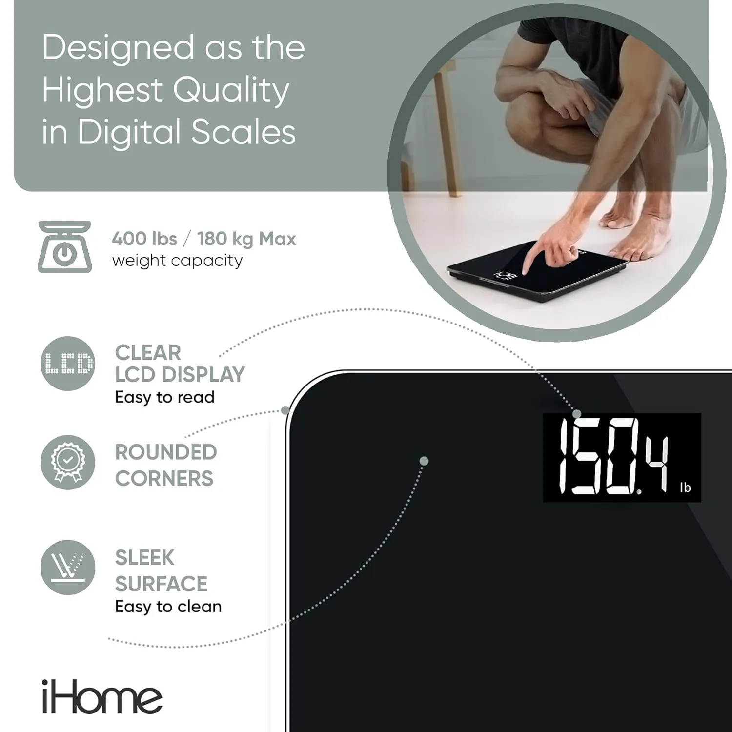 iHome Digital Step On Bathroom Scale - High Precision Body Weight Scale - Battery Powered with LCD Display - Great for Home Gym - 396 lb (Black)