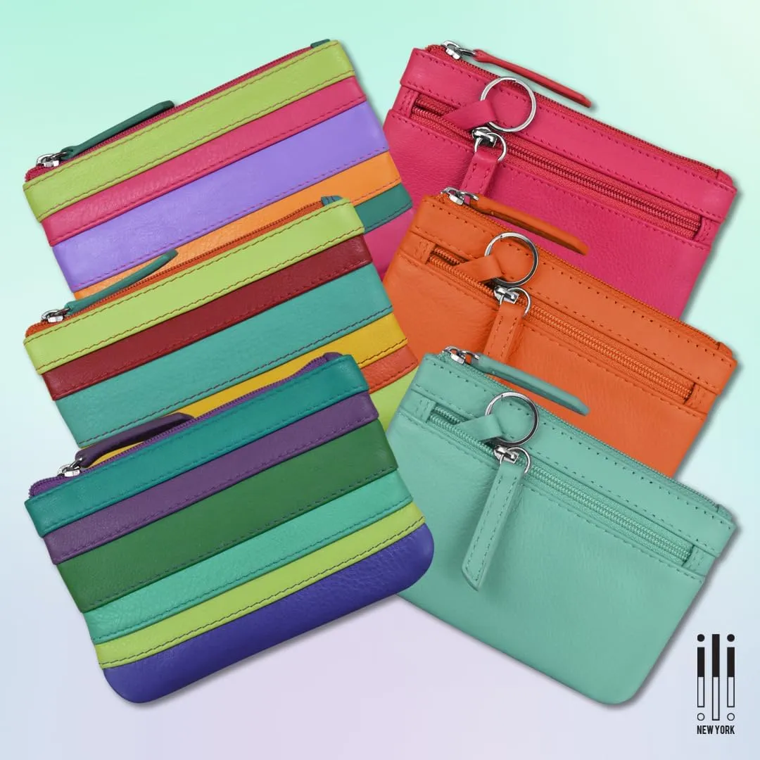 ili New York Mini Leather Coin Purse, Compact Design with Key Ring and RFID Protection for Women and Men in Vibrant Colors, Amethyst