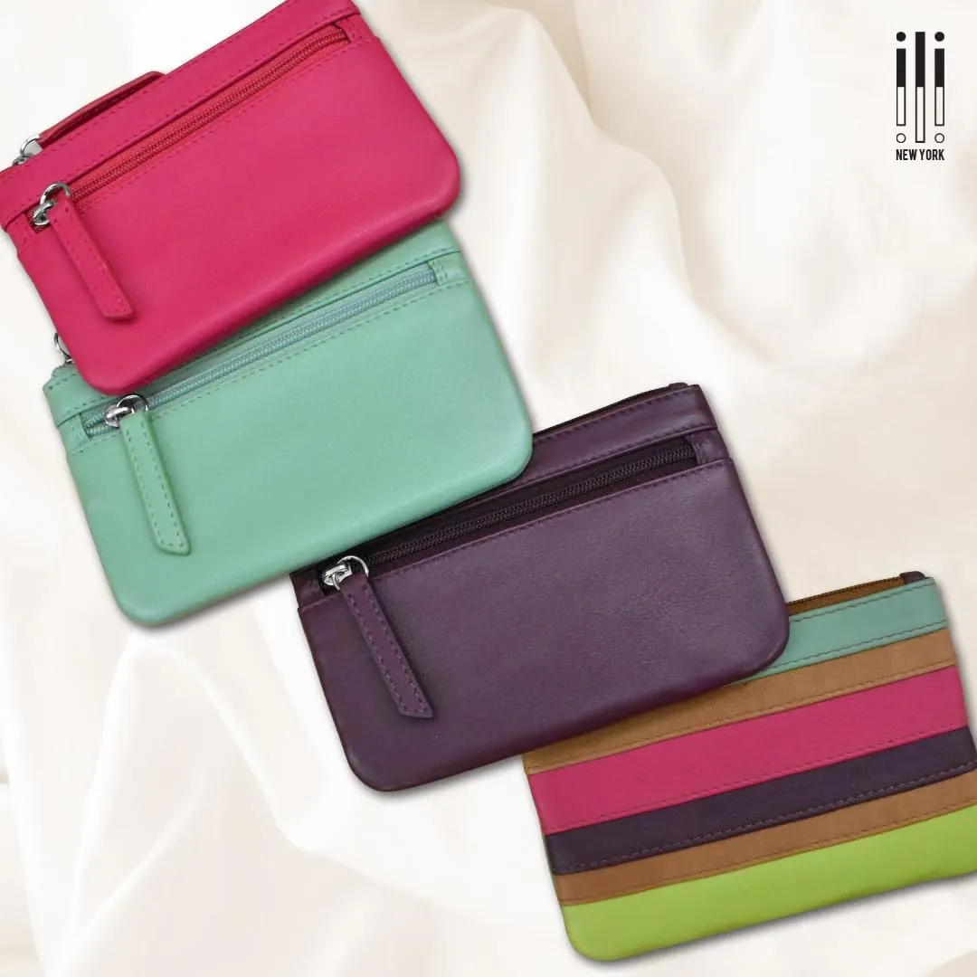 ili New York Mini Leather Coin Purse, Compact Design with Key Ring and RFID Protection for Women and Men in Vibrant Colors, Amethyst