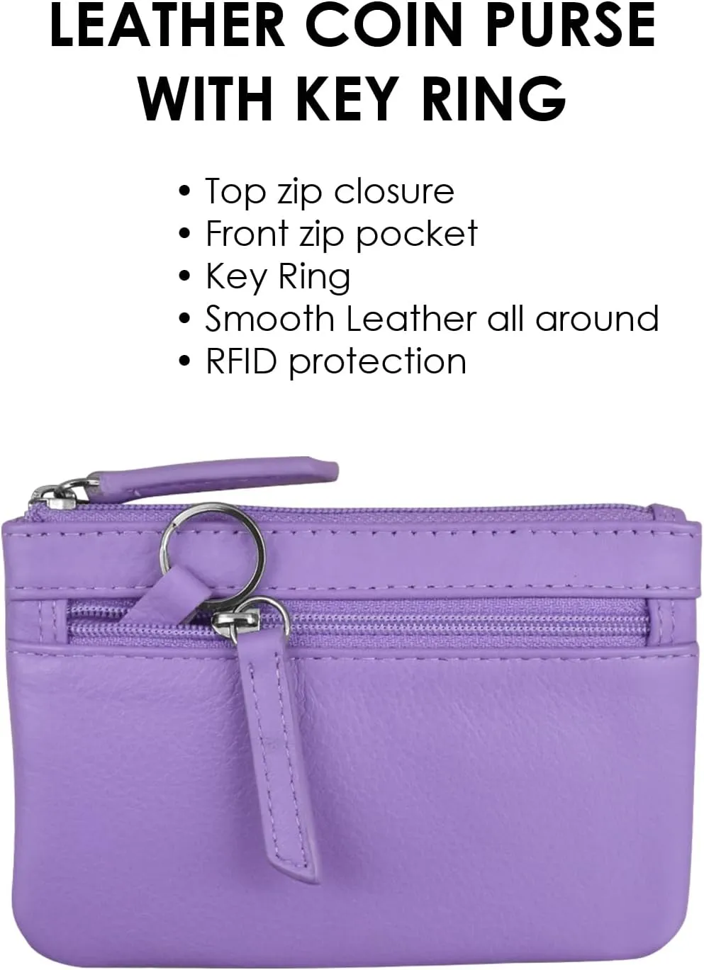 ili New York Mini Leather Coin Purse, Compact Design with Key Ring and RFID Protection for Women and Men in Vibrant Colors, Amethyst