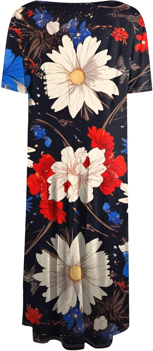 Independence Day Short Sleeved Round Neck Women's Long Dress with American Flag Print Mini Dress
