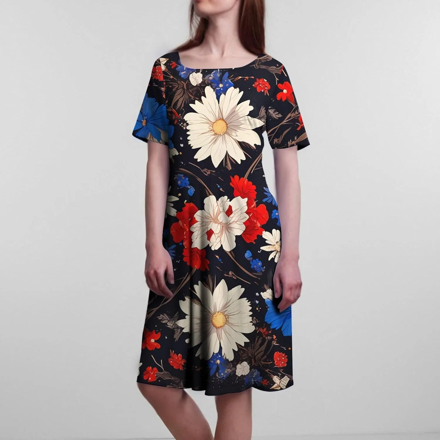 Independence Day Short Sleeved Round Neck Women's Long Dress with American Flag Print Mini Dress