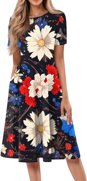 Independence Day Short Sleeved Round Neck Women's Long Dress with American Flag Print Mini Dress