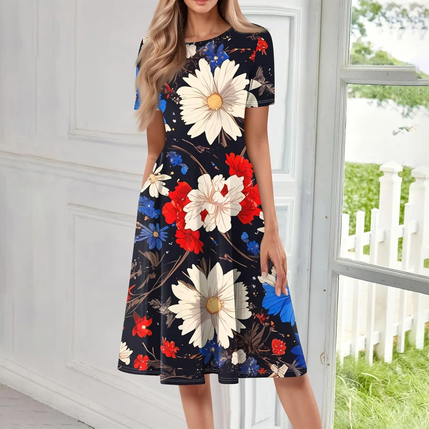 Independence Day Short Sleeved Round Neck Women's Long Dress with American Flag Print Mini Dress
