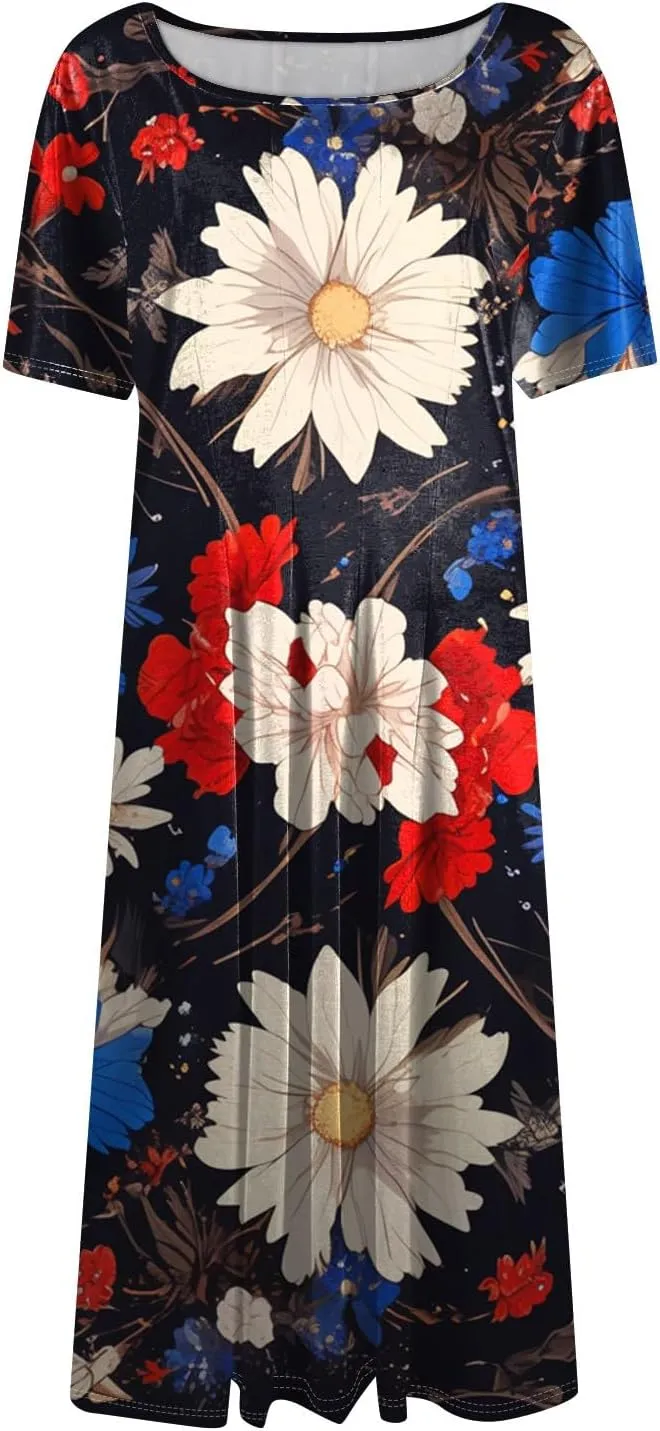 Independence Day Short Sleeved Round Neck Women's Long Dress with American Flag Print Mini Dress