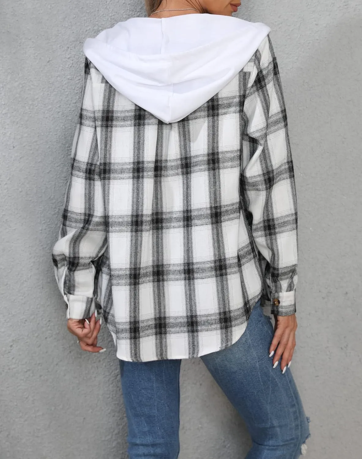 INFITTY Women's Buffalo Plaid Hoodie Long Sleeve Jacket Button Drawstring Casual Fall Shirts with Pocket
