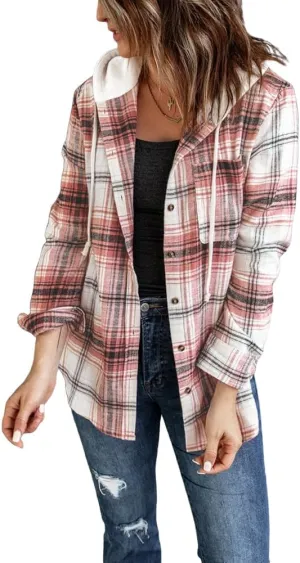 INFITTY Women's Buffalo Plaid Hoodie Long Sleeve Jacket Button Drawstring Casual Fall Shirts with Pocket