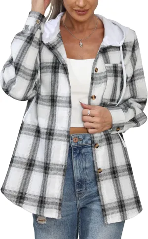 INFITTY Women's Buffalo Plaid Hoodie Long Sleeve Jacket Button Drawstring Casual Fall Shirts with Pocket