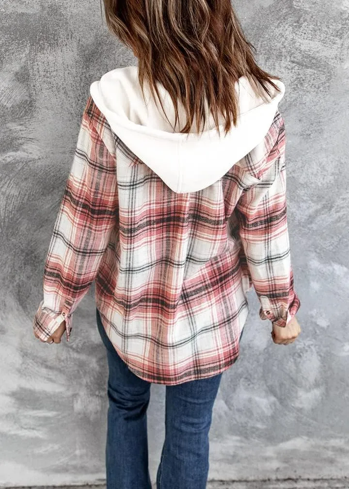 INFITTY Women's Buffalo Plaid Hoodie Long Sleeve Jacket Button Drawstring Casual Fall Shirts with Pocket