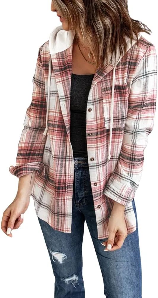INFITTY Women's Buffalo Plaid Hoodie Long Sleeve Jacket Button Drawstring Casual Fall Shirts with Pocket