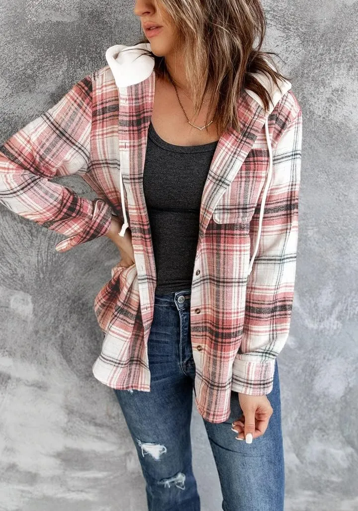 INFITTY Women's Buffalo Plaid Hoodie Long Sleeve Jacket Button Drawstring Casual Fall Shirts with Pocket