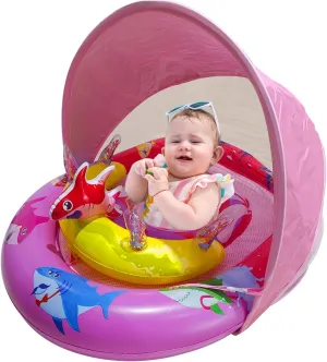 Inflatable Baby Pool Float with UPF50  Sun Protection Canopy, Adjustable Safety Seat & Interactive Toy Play Console - Includes Ocean Animal Toys for Infants & Toddlers 3-36 Months