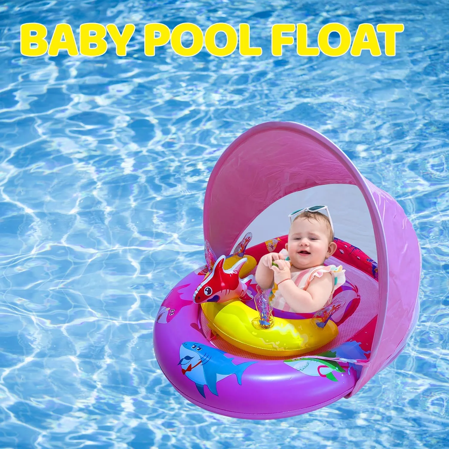 Inflatable Baby Pool Float with UPF50  Sun Protection Canopy, Adjustable Safety Seat & Interactive Toy Play Console - Includes Ocean Animal Toys for Infants & Toddlers 3-36 Months