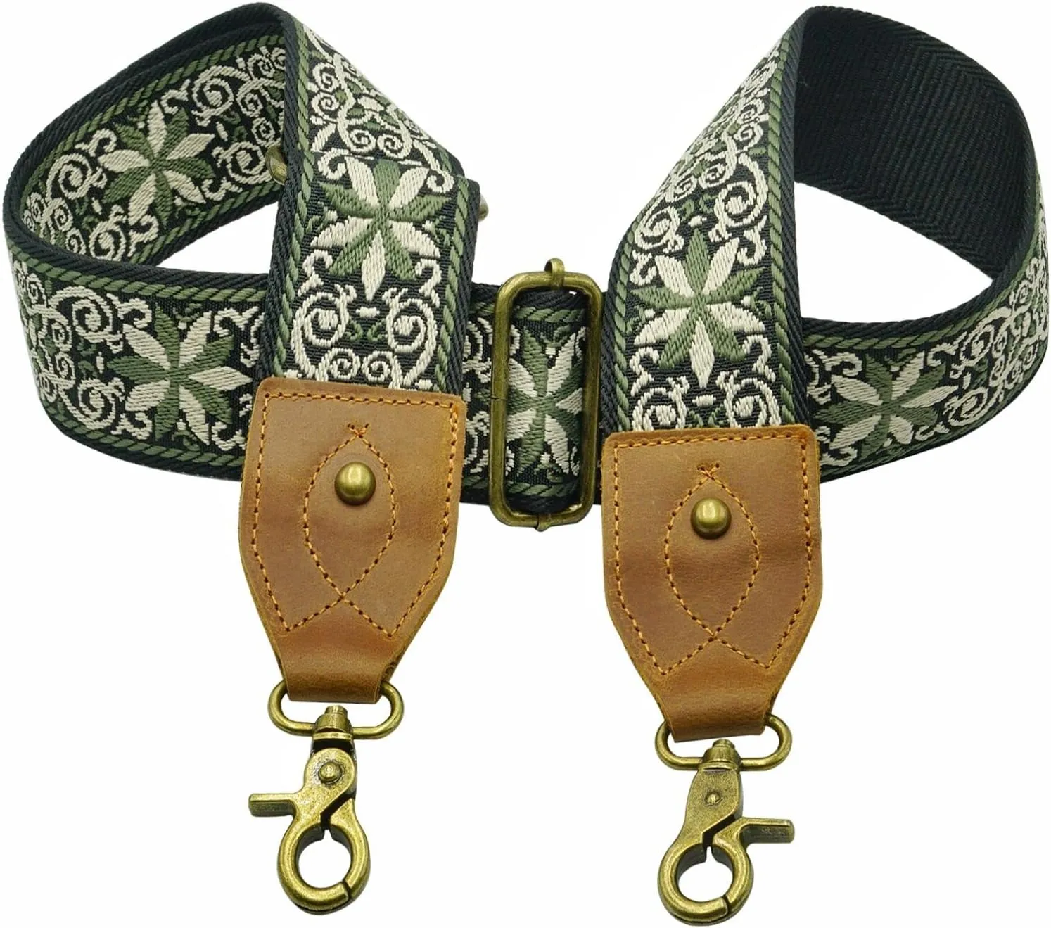 Jacquard Woven Purse Strap Replacement Handbag Strap Crossbody Guitar Style Cowhide Genuine Leather Ends Embroidered(Olive Green)