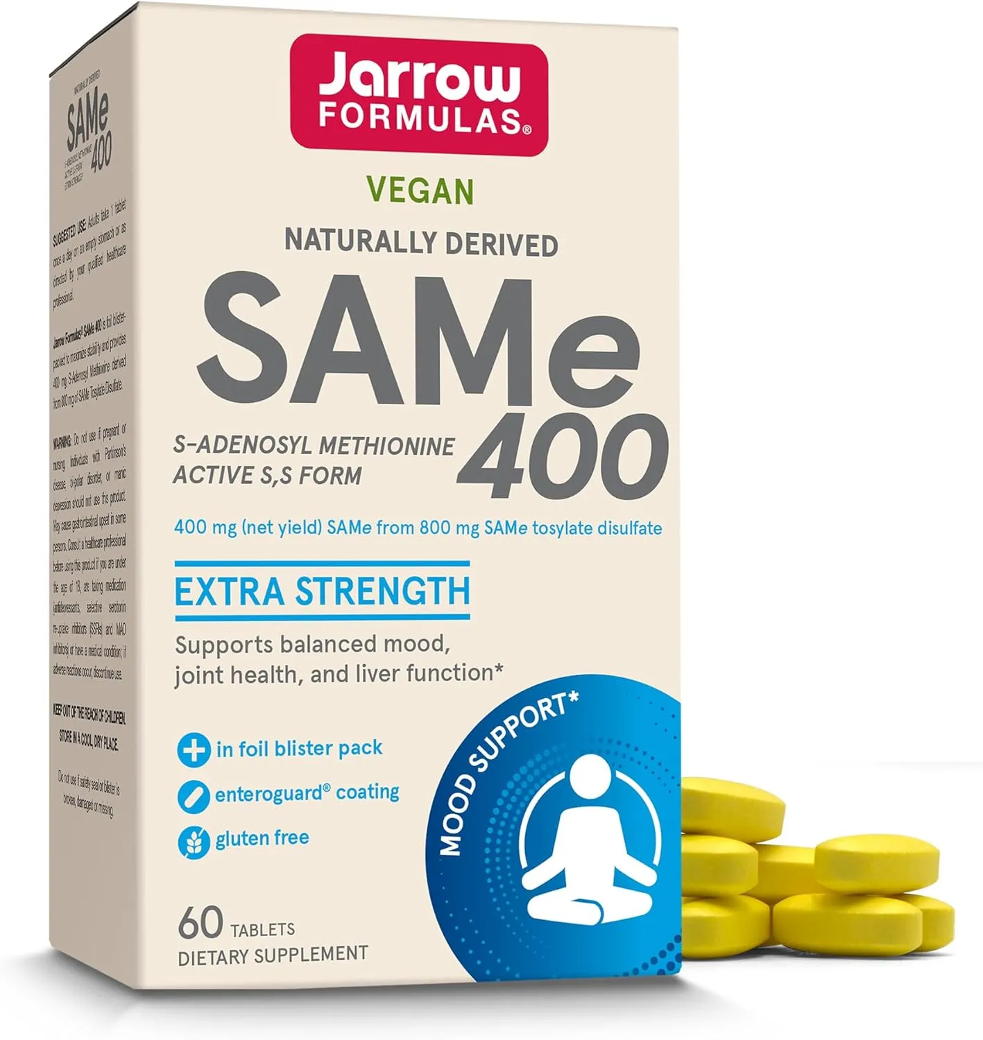 Jarrow Formulas SAMe 400 mg, Supports Joint Health, Liver Function, Brain Metabolism, 60 Tablets, Up To a 60 Day Supply