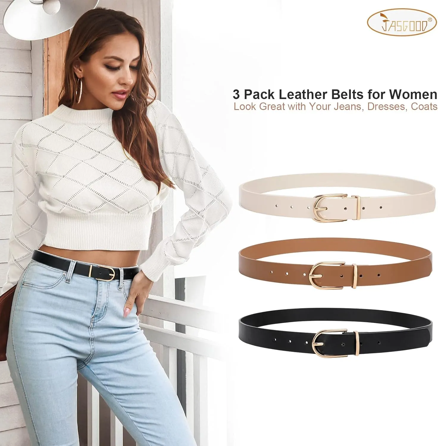 JASGOOD Women’s Leather Belts for Jeans Pants Fashion Ladies Belt with Gold Buckle
