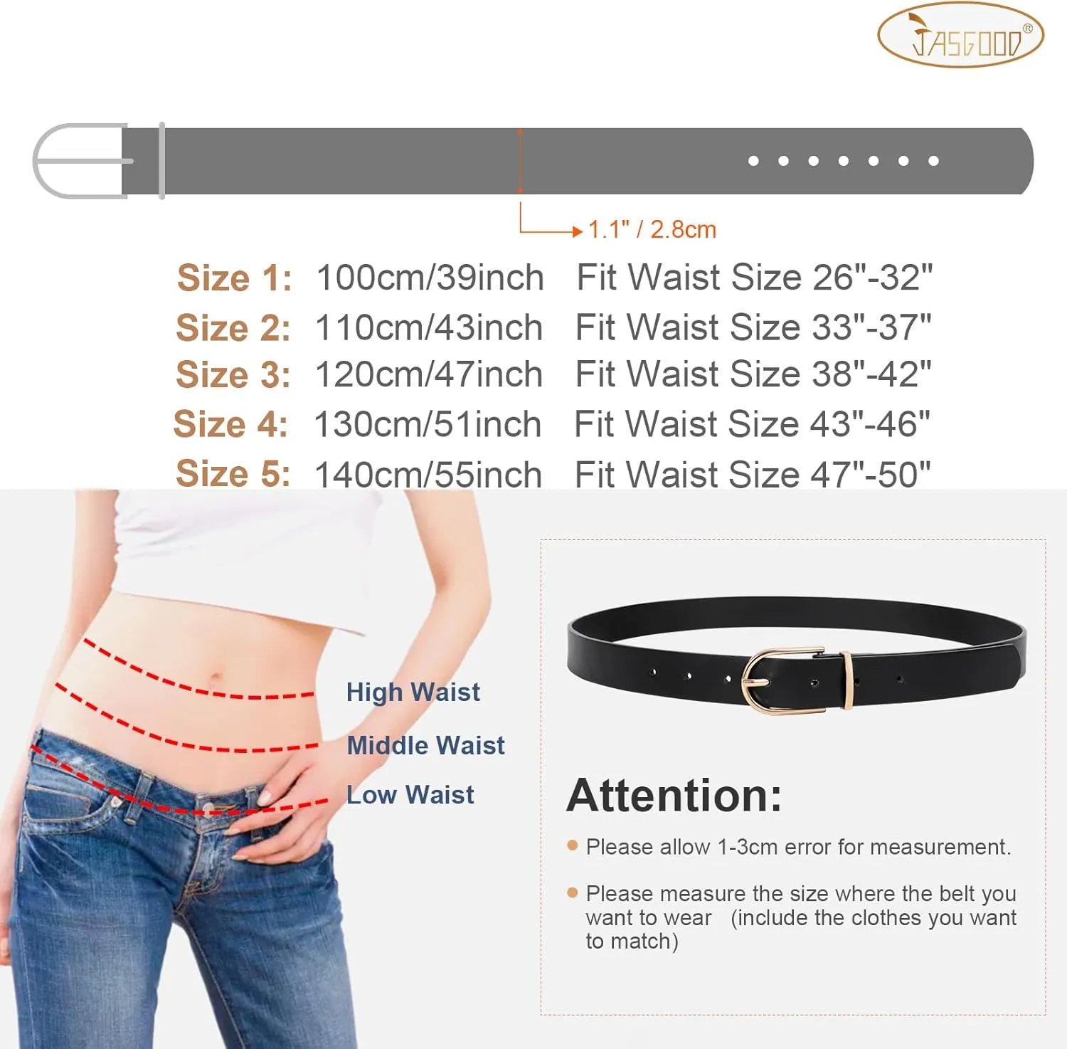 JASGOOD Women’s Leather Belts for Jeans Pants Fashion Ladies Belt with Gold Buckle