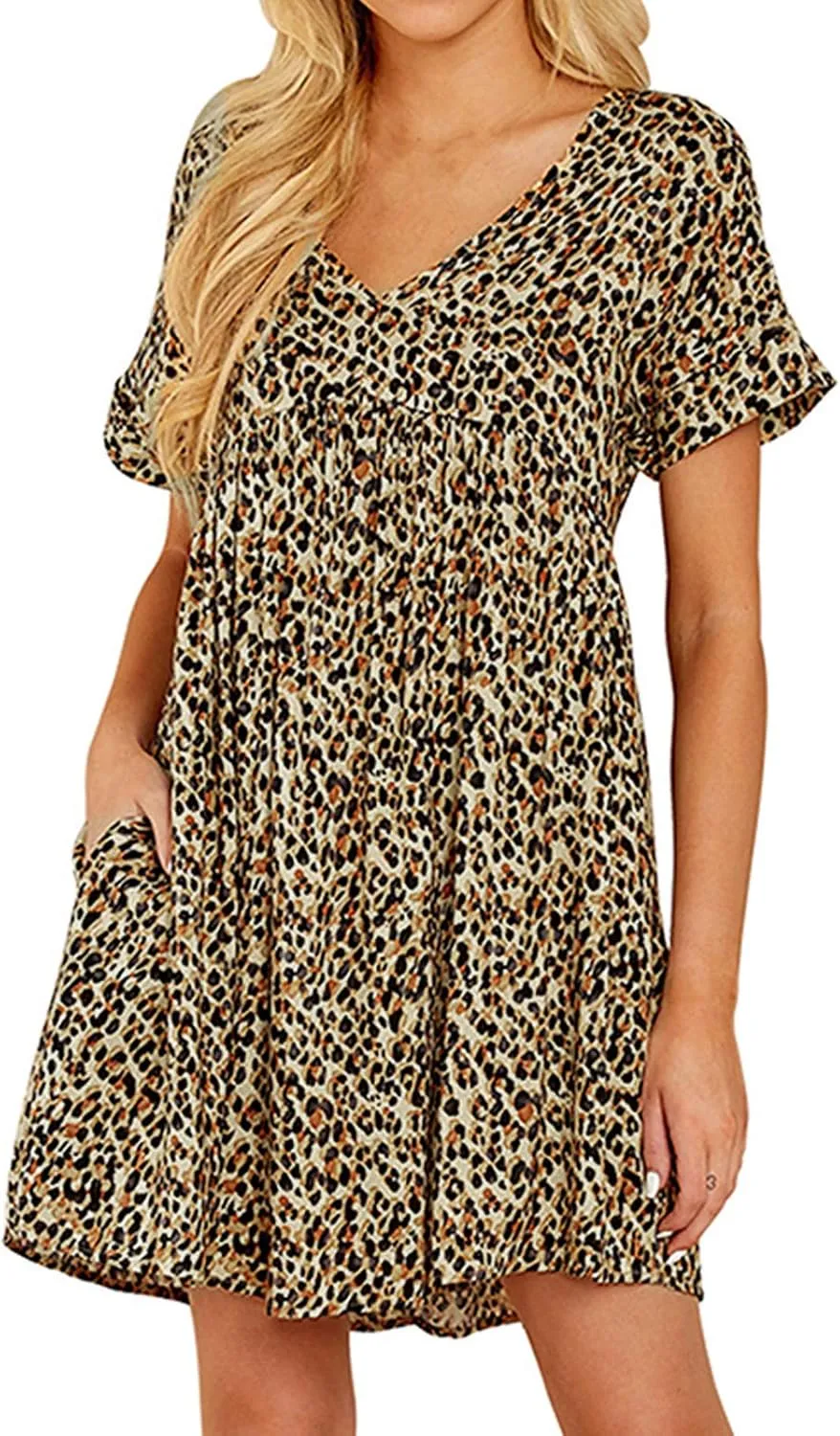 Jayscreate Women's Baby Doll Dress Summer Casual Tunic Pleated Flowy Swing Short Sleeve Black V Neck Mini Dress