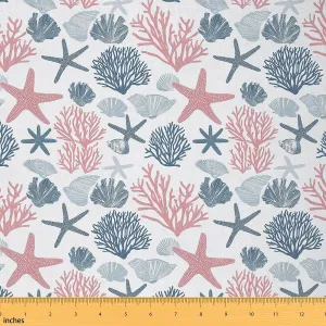 jejeloiu Corals Coastal Fabric by The Yard 5 Yard Nautical Upholstery Fabric for Chairs Kids Boys Girls Starfish for Home DIY Projects, Beach Themed Summer Waterproof Indoor Outdoor Decor