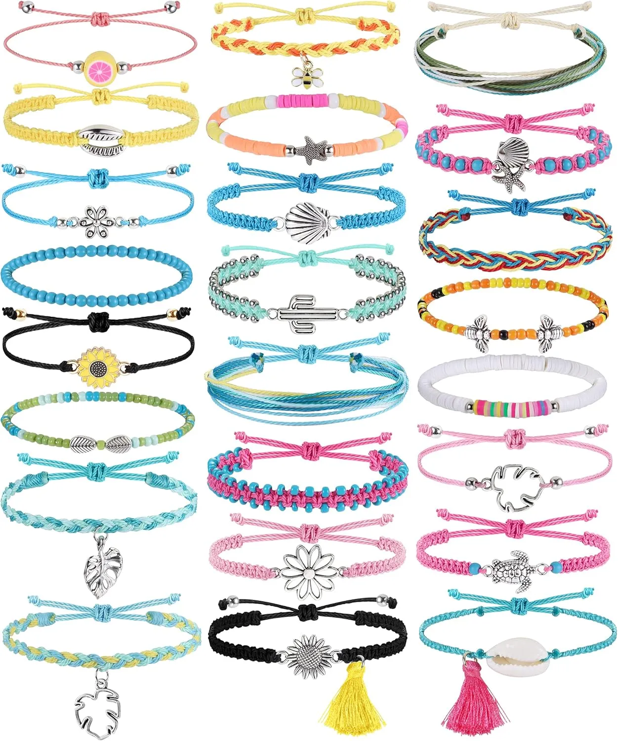 JeryWe 24 Pieces Surfer Bracelet Ocean Wave Adjustable Waterproof Handmade Friendship Bracelets Summer Sunflower Bee Shell Starfish Bracelets Anklets Jewelry for Women