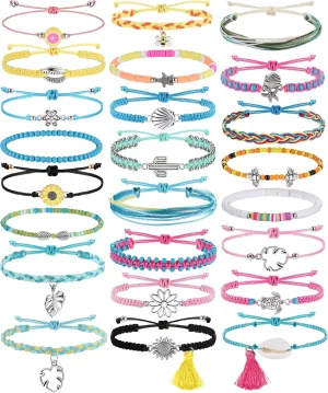 JeryWe 24 Pieces Surfer Bracelet Ocean Wave Adjustable Waterproof Handmade Friendship Bracelets Summer Sunflower Bee Shell Starfish Bracelets Anklets Jewelry for Women