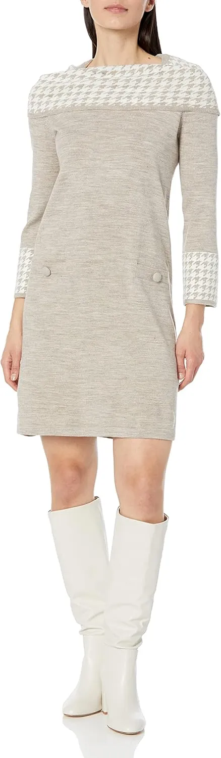 Jessica Howard Women's Plus Houndstooth Print Sweater Shift Mini Dress with ¾ Sleeves