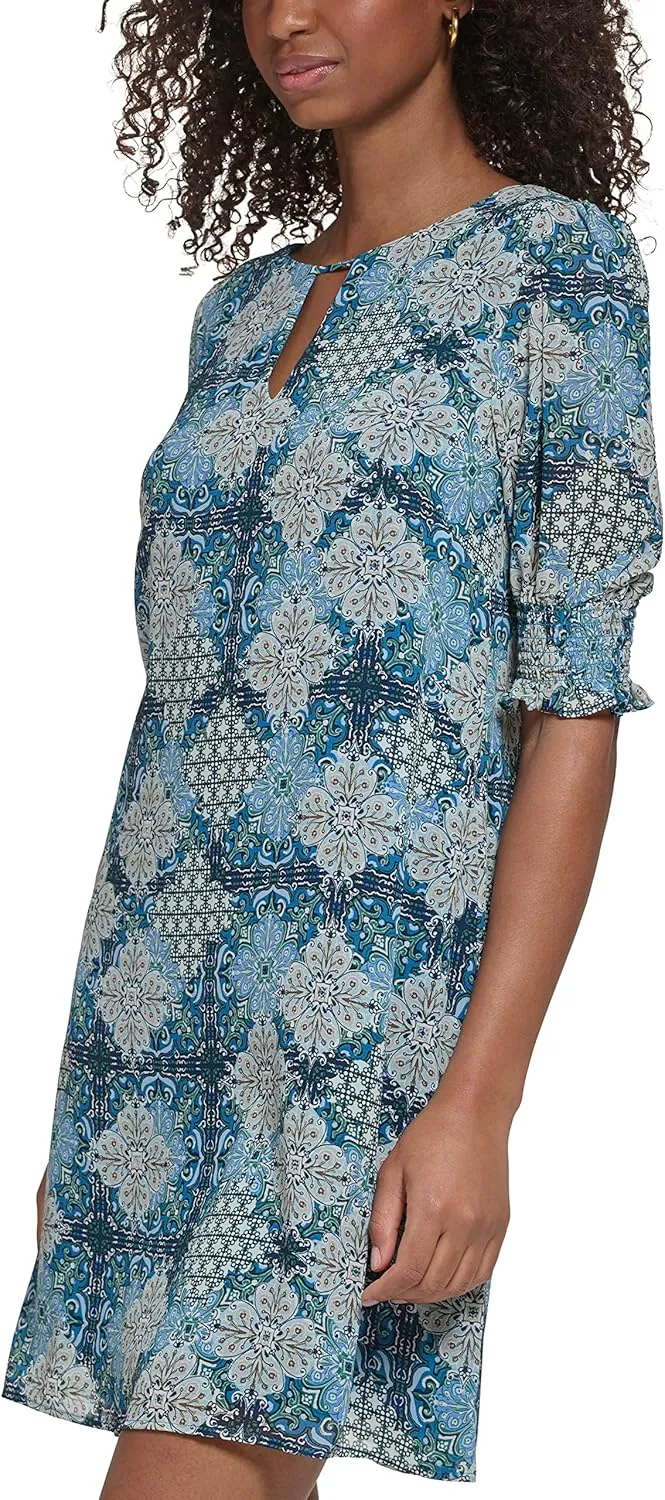 Jessica Howard Women's Tile Print Chiffon Shift Mini Dress with Elbow Sleeves