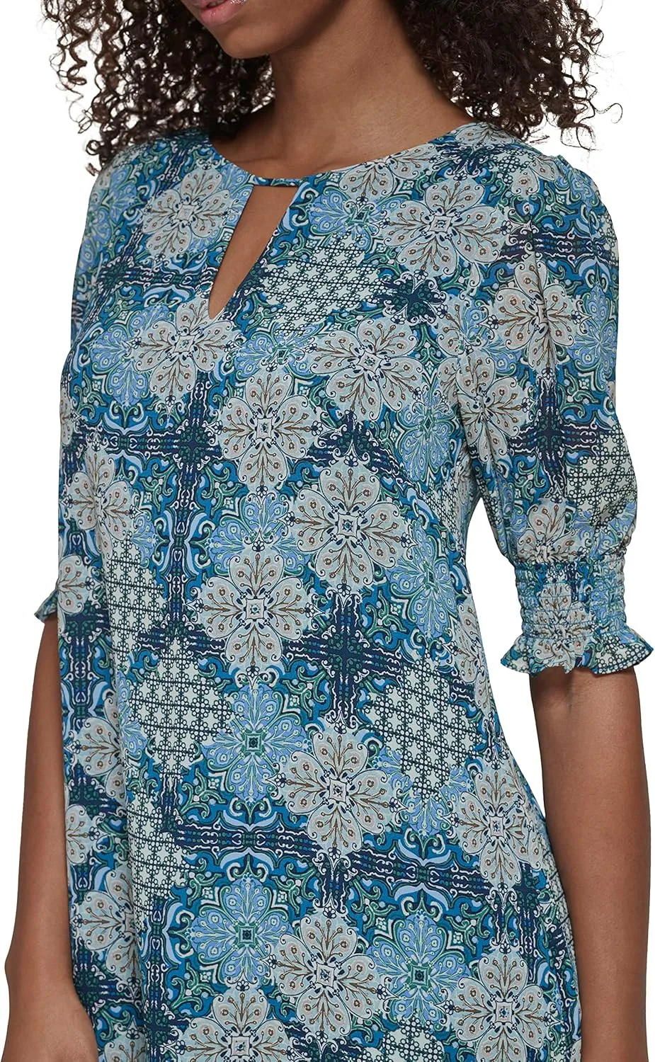 Jessica Howard Women's Tile Print Chiffon Shift Mini Dress with Elbow Sleeves