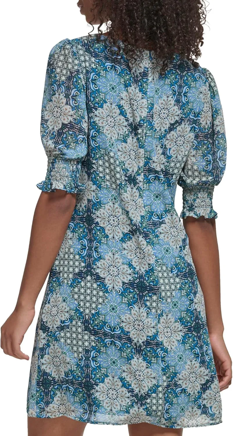 Jessica Howard Women's Tile Print Chiffon Shift Mini Dress with Elbow Sleeves