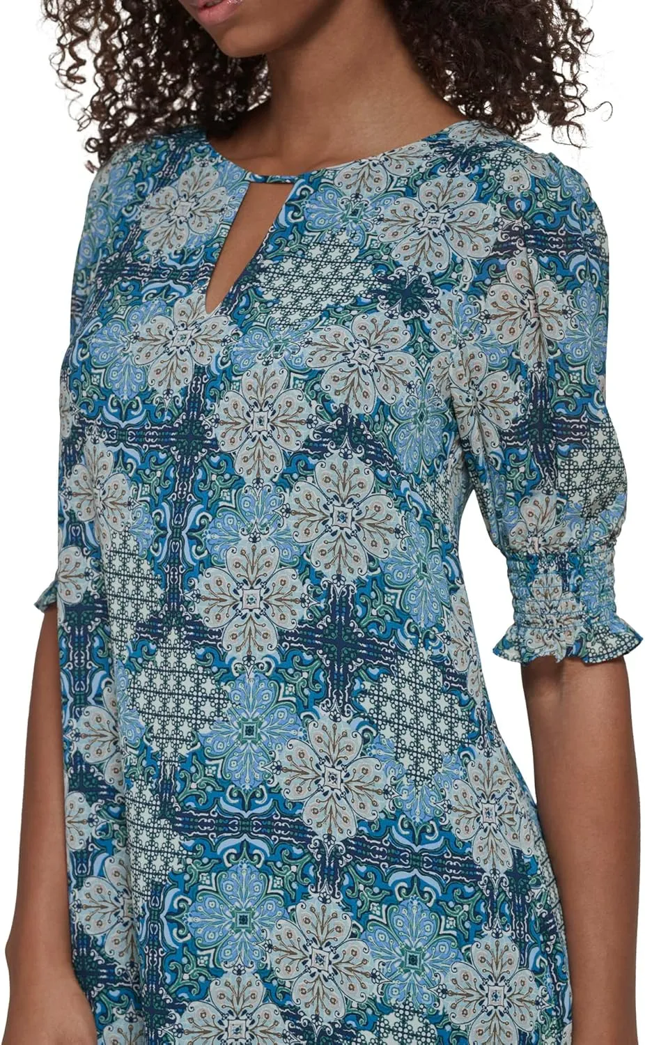 Jessica Howard Women's Tile Print Chiffon Shift Mini Dress with Elbow Sleeves