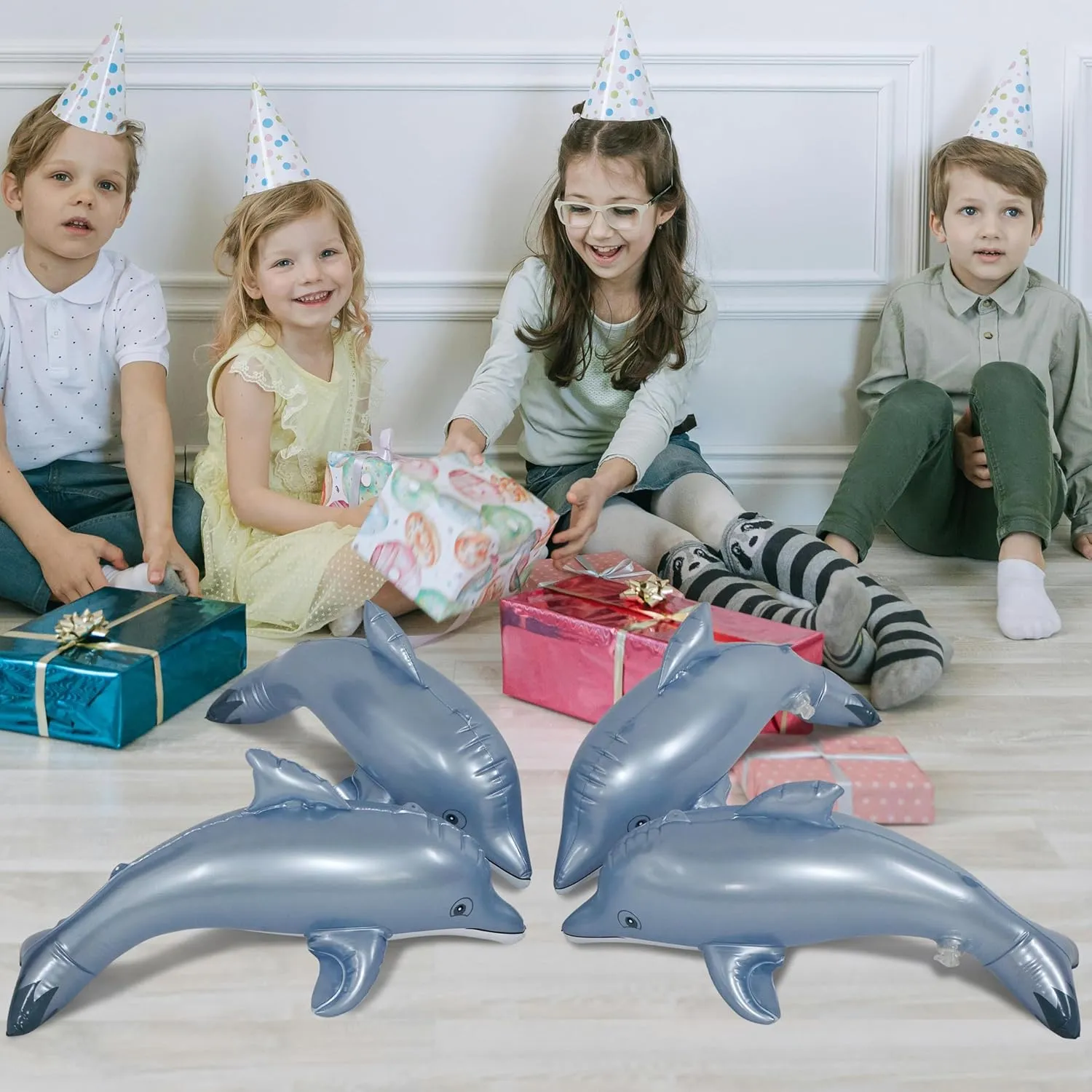 Jet Creations Inflatable Aquatic Animal 4pc Pack: Shark, Dolphin, Goldfish, Starfish, Crab, Penguin. 20  inch Long. Pool Toys, Photo Prop, Theme Party Centerpiece, VBS, Gifts for Kids 3 Year and up