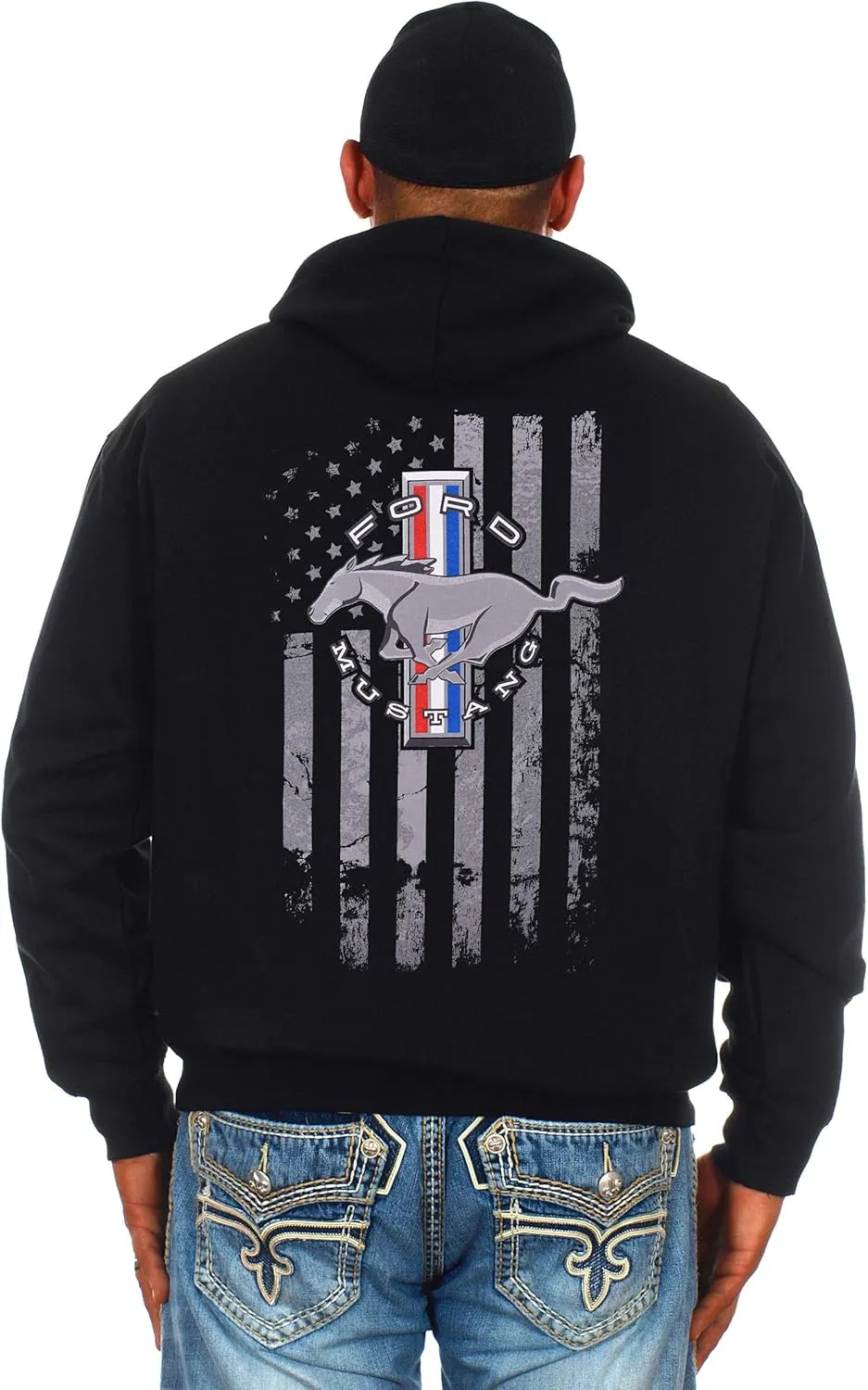 JH DESIGN GROUP Mens Ford Mustang Hoodie Distressed American Flag 2-Sided Sweatshirt