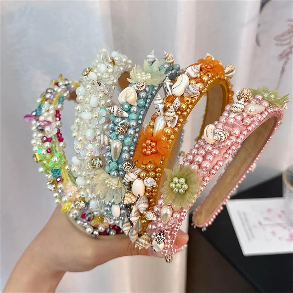 JILIYUPA Starfish Headband Pearl Bridal Hair Band Sea Shell Oyster Star Headband Star Glitter Starfish Sequin Hair Hoop Hair Piece Beach Wedding Hair Accessories for Women and Girls (Blue, Orange)